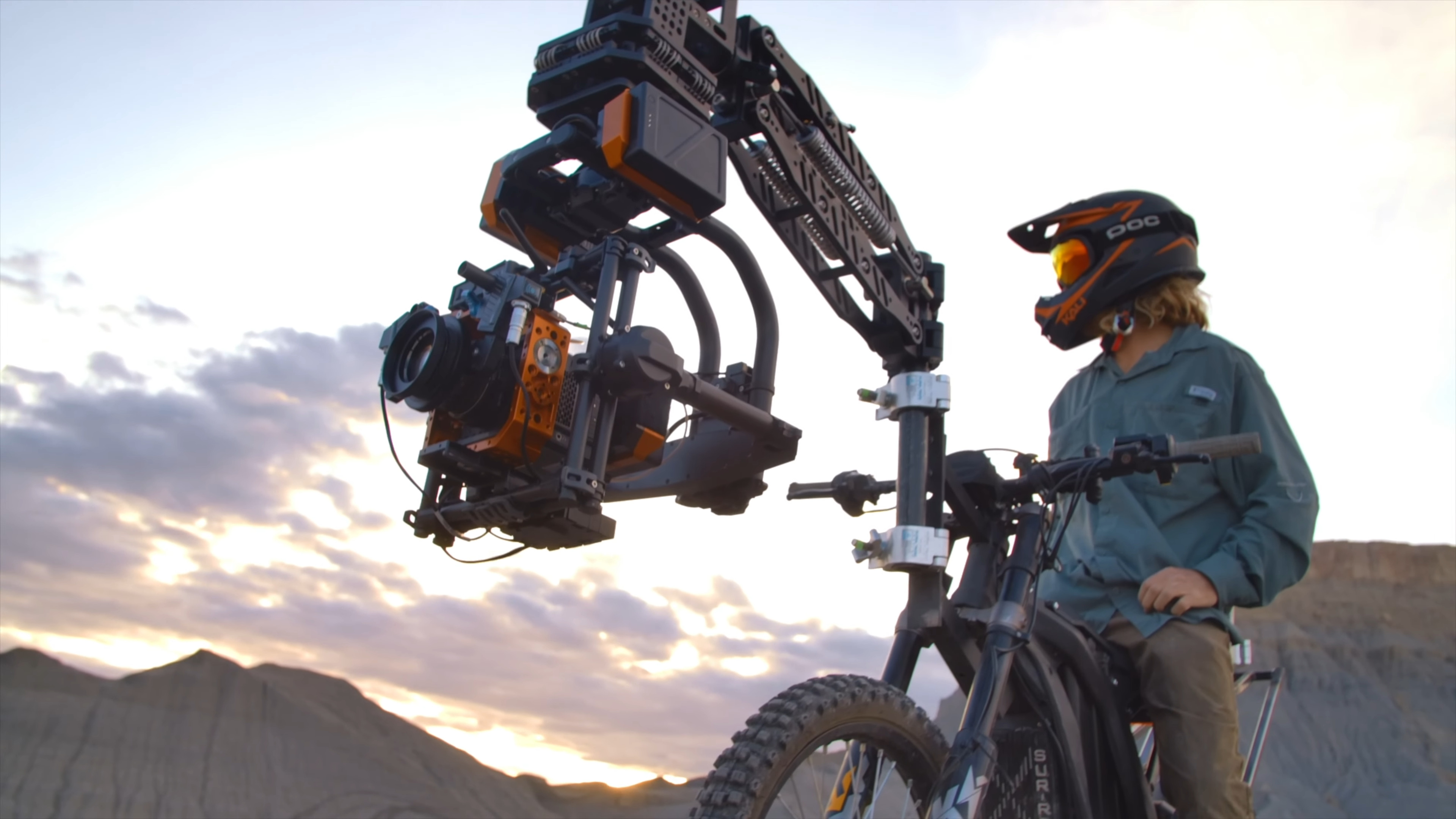 Land Shark electric cinema motorcycle with RED camera rig mounted at golden hour
